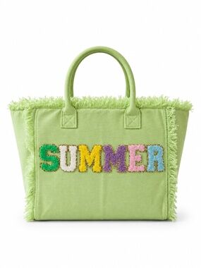 Green Canvas Vacation Tote Bag – Chenille Letters, Fringe & Zip Top